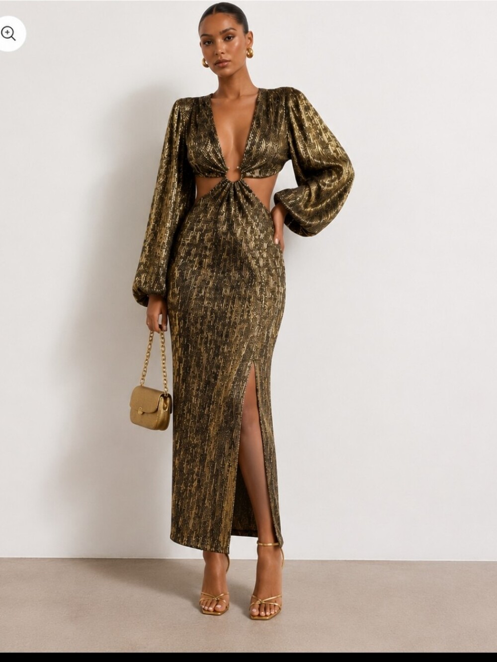 Gold Metallic Long Sleeve Cutout Maxi Dress